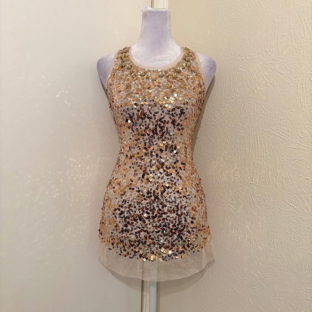 Y2K Wildcat Rose Sheer Mesh Gold Sequin Long Tank Top Racerback Glam Fairy Sz M